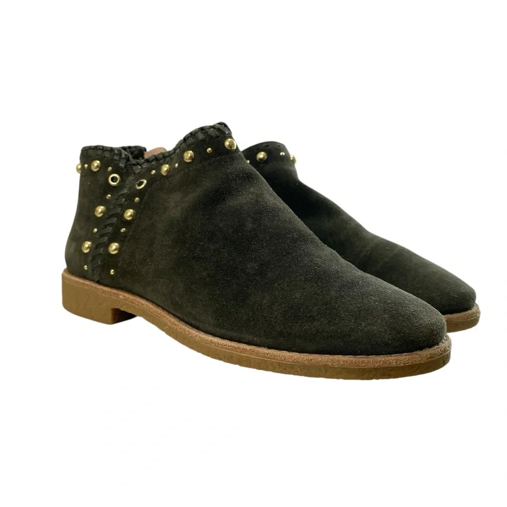 Kate Spade Festival Suede Leather Green Moss Ankle Booties 8 Zip Studded Fringe